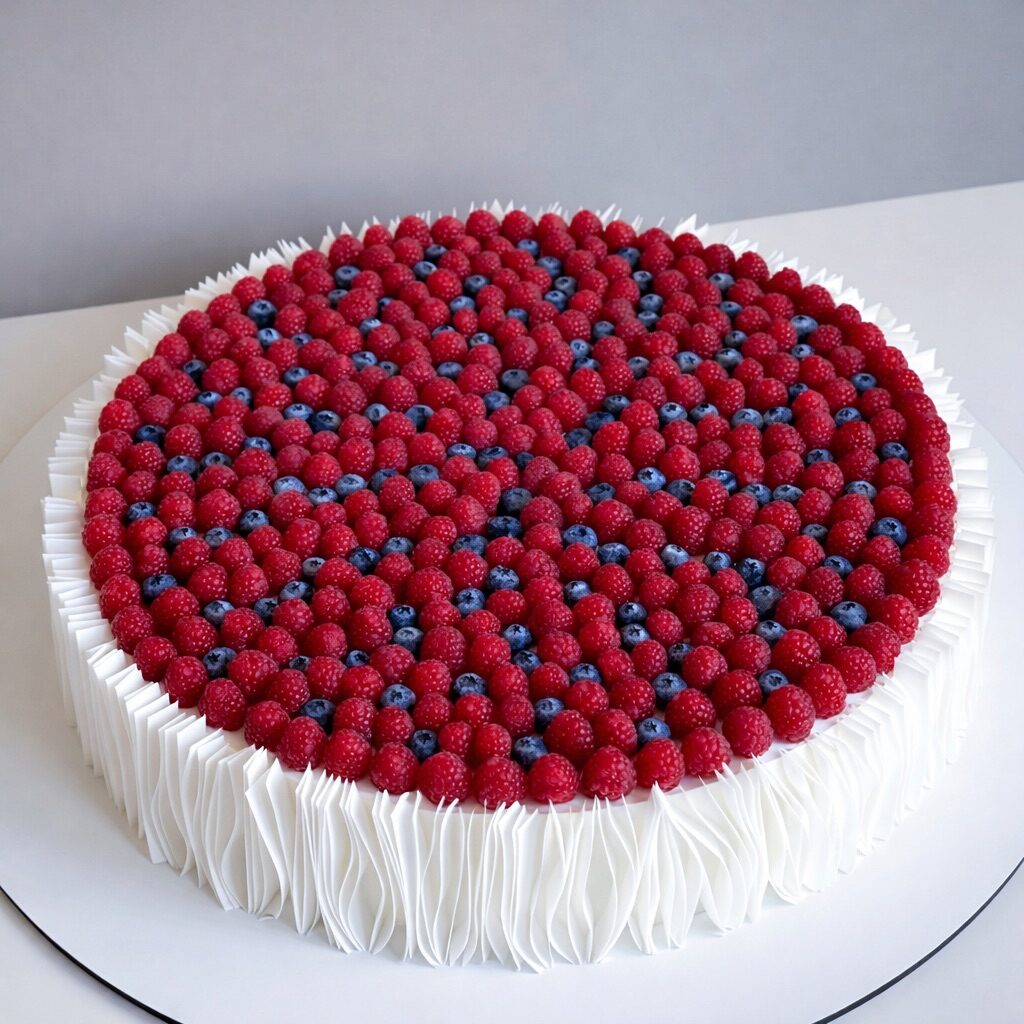 Round Medovik cake covered in raspberries and blueberries