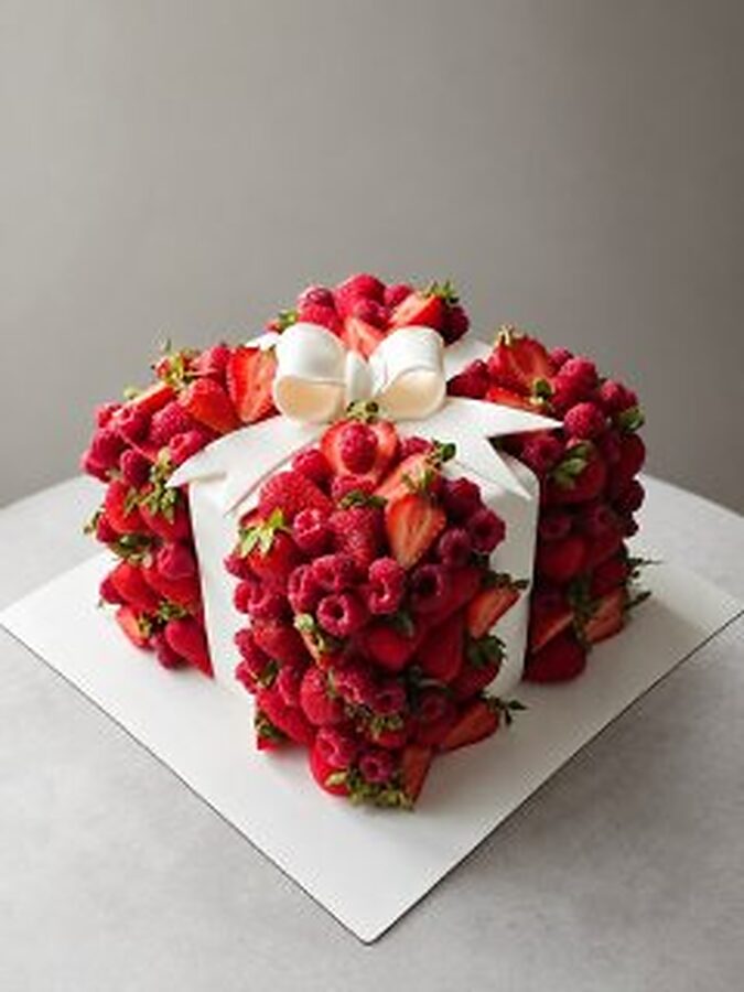 Square cake wrapped in strawberries and raspberries with a sugar bow