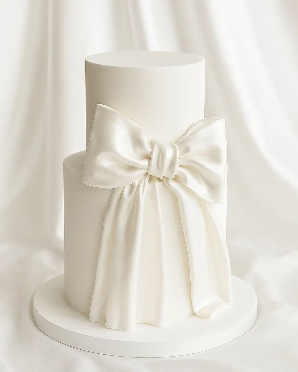 Ivory two-tier wedding cake with a sugar bow on silk